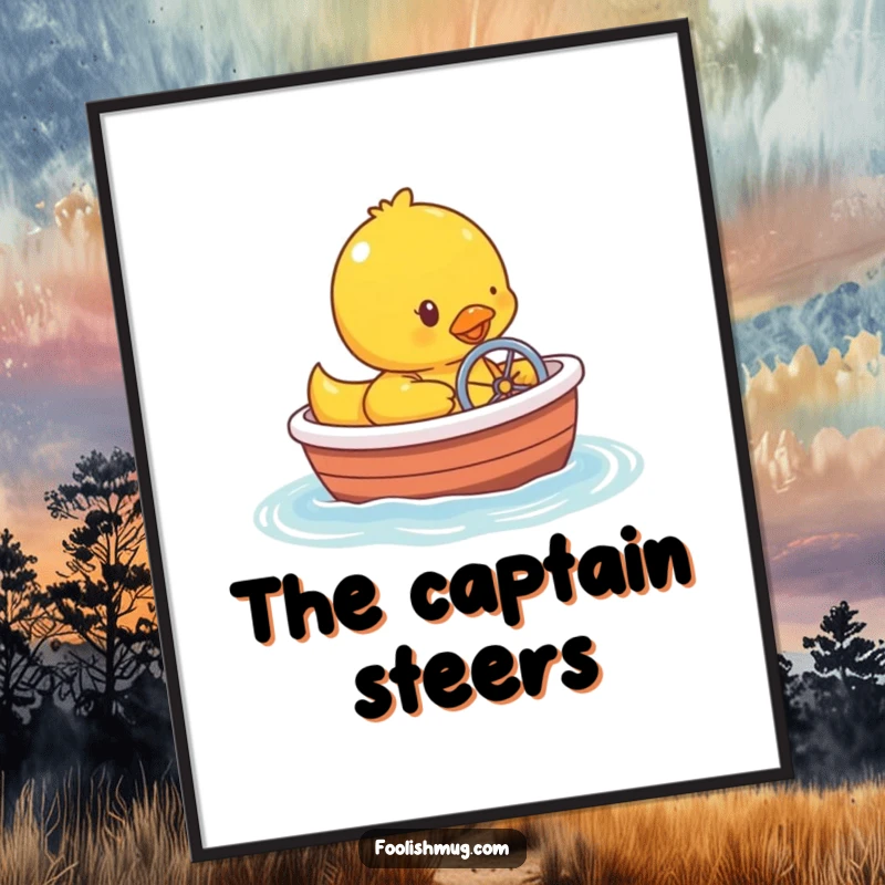 Funny rubber ducky character steering a tiny bathtub boat across bathwater, displayed as humorous wall art.