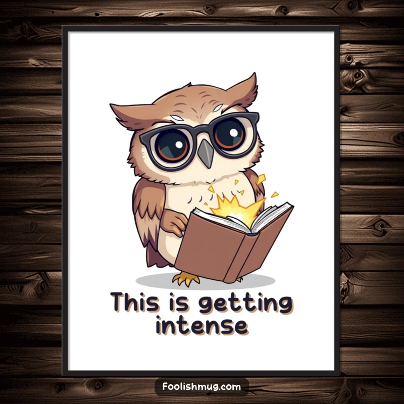 Funny poster art of a confused owl wearing spectacles, reading a tiny exploding book, adding humor and personality to any space as a funny gift.