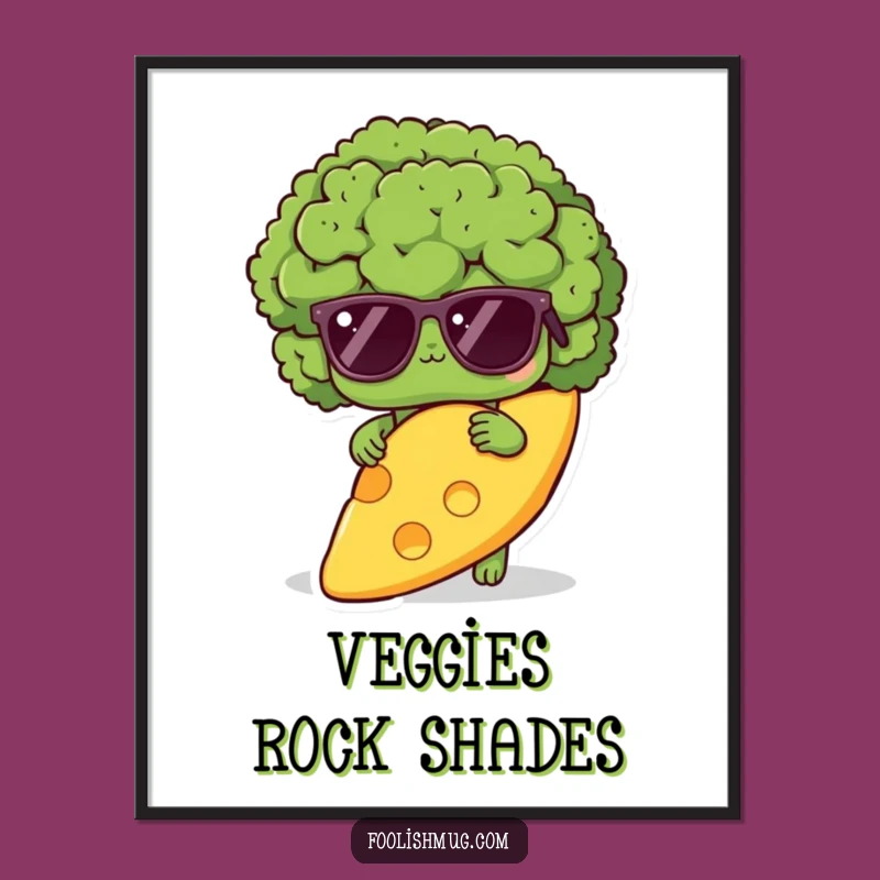 Funny Shy Broccoli Sunglasses Poster - Quirky Veggie Wall Art
