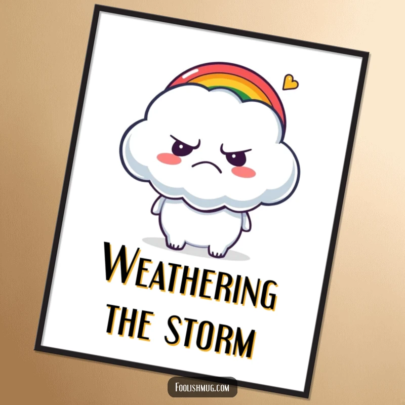 Funny Poster: A grumpy cloud character being tickled by a tiny rainbow, creating a humorous juxtaposition.