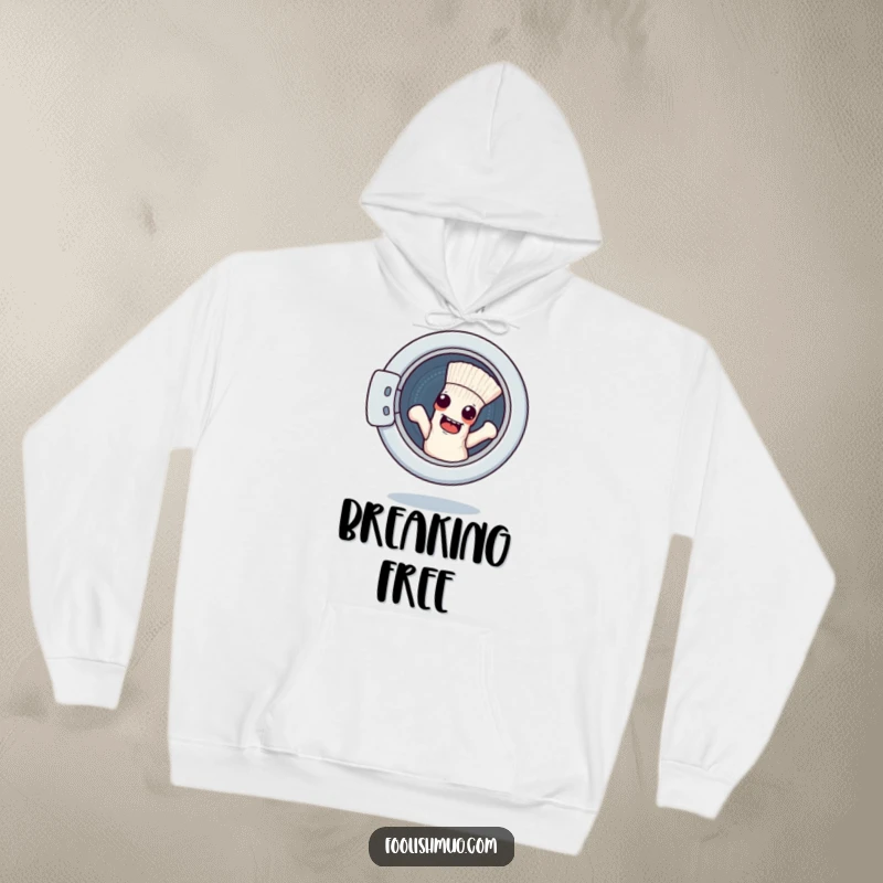 Funny hoodie with a mischievous sock character escaping a washing machine, offering cozy humor and warmth.