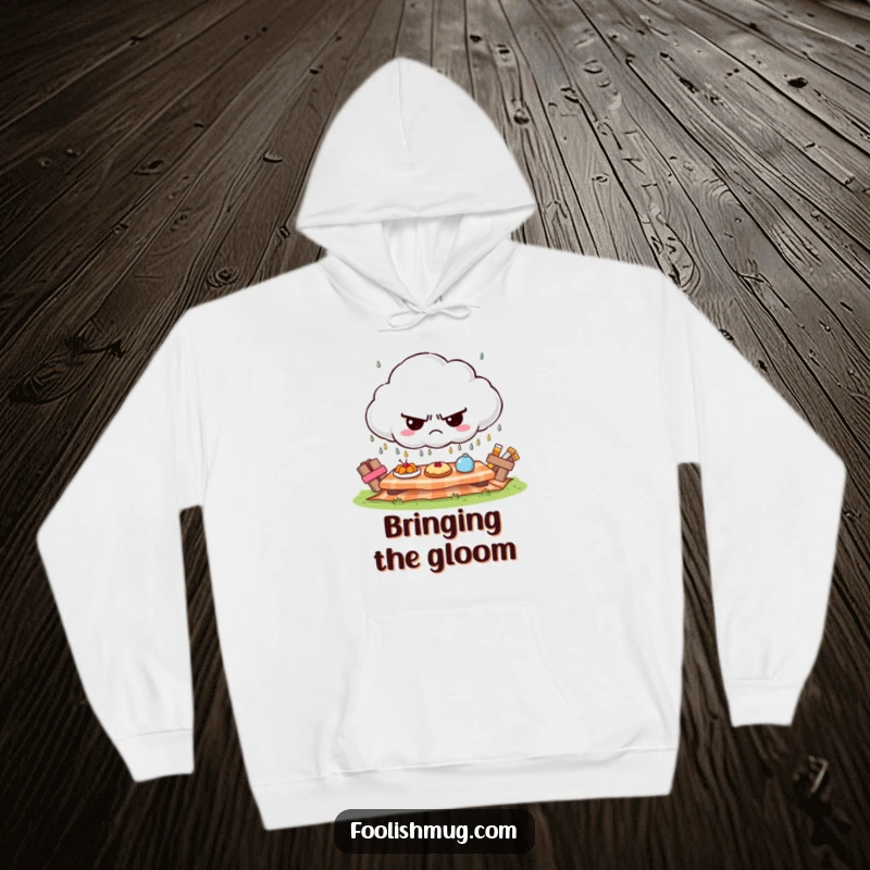 Funny grumpy cloud hoodie, raining frowns on a sunny picnic, warm and humorous funny gift.