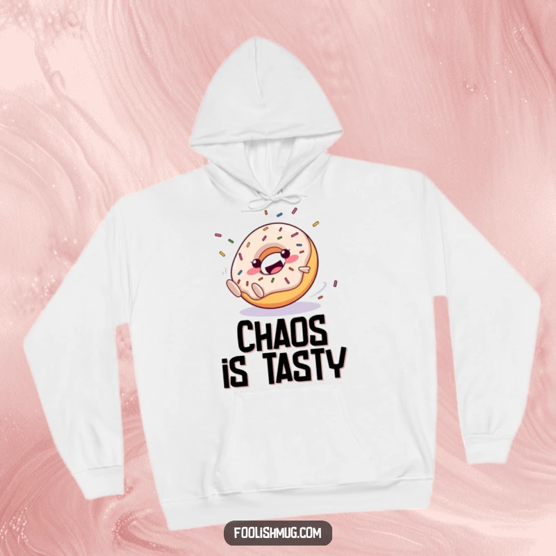 Funny Hoodie: A happy donut character rolling downhill in a delightful, clumsy manner, with sprinkles flying. Cozy and humorous apparel.