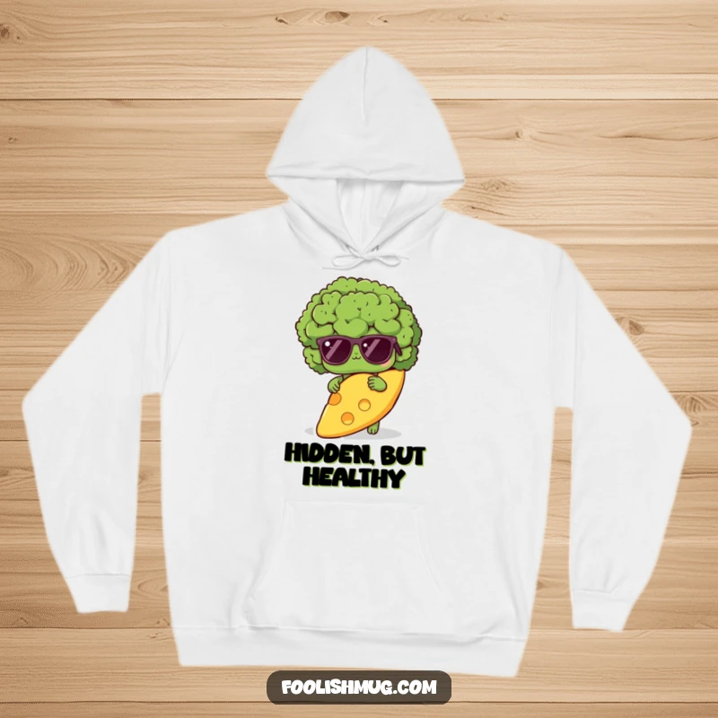 Funny shy broccoli hoodie, showing a broccoli with sunglasses hiding behind a large cheese slice, offering cozy and humorous protection.