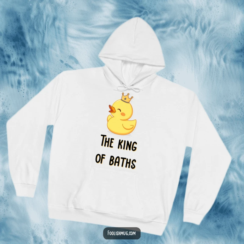 Funny singing rubber duck wearing a tiny crown, on a warm hoodie, ready to perform.