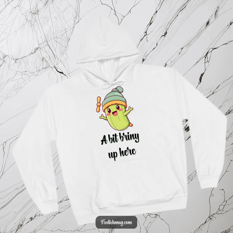 Funny pickle character wearing a propeller beanie, flying crookedly inside a cozy funny hoodie.