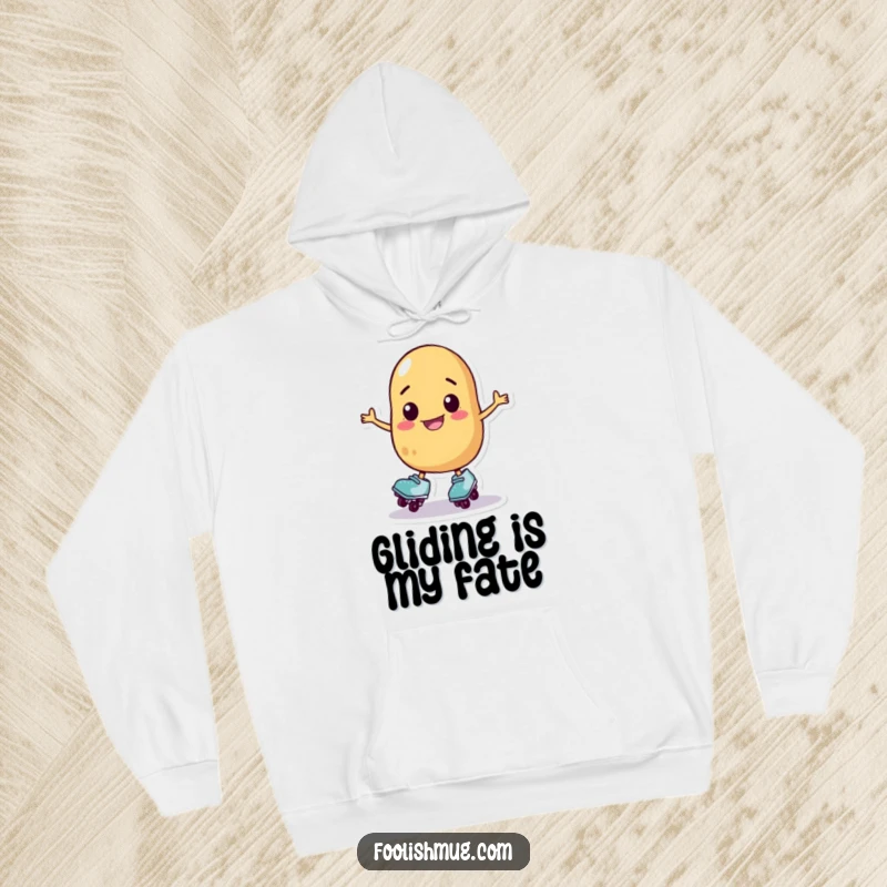 Funny potato character in roller skates wobbling, cozy hoodie, ultimate funny gift for skater enthusiasts.