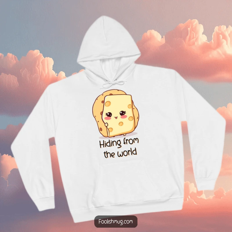 Funny Hoodie featuring a blushing cheese slice character hiding behind a giant cracker, offering comfort and comic charm.