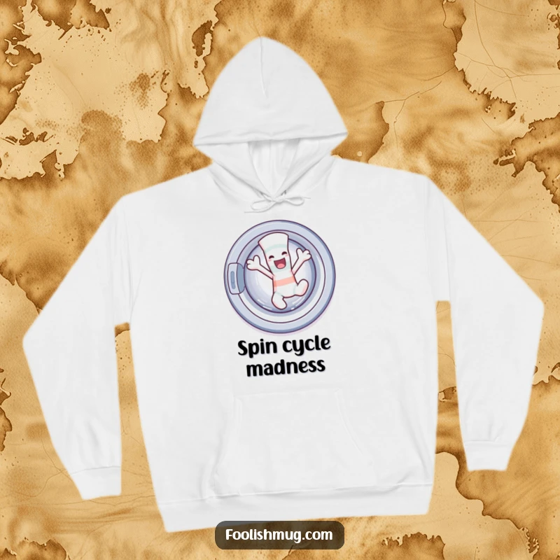 Funny sock character dancing wildly out of a washing machine depicted on a cozy hoodie, combining warmth with playful escape.