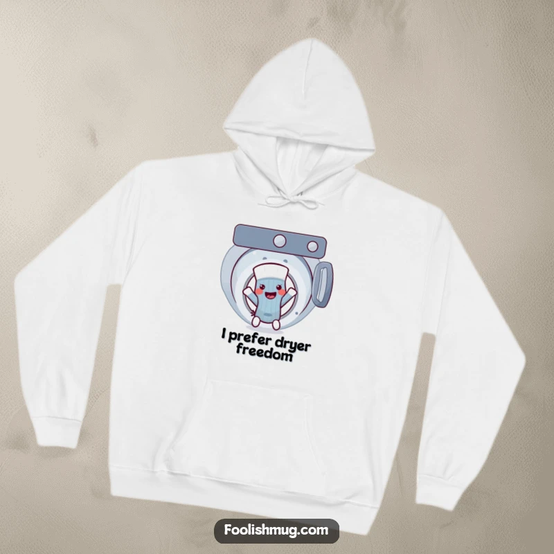 Funny sock character breaking free from a washing machine, a warm and hilarious hoodie for laundry humor lovers, a funny gift.