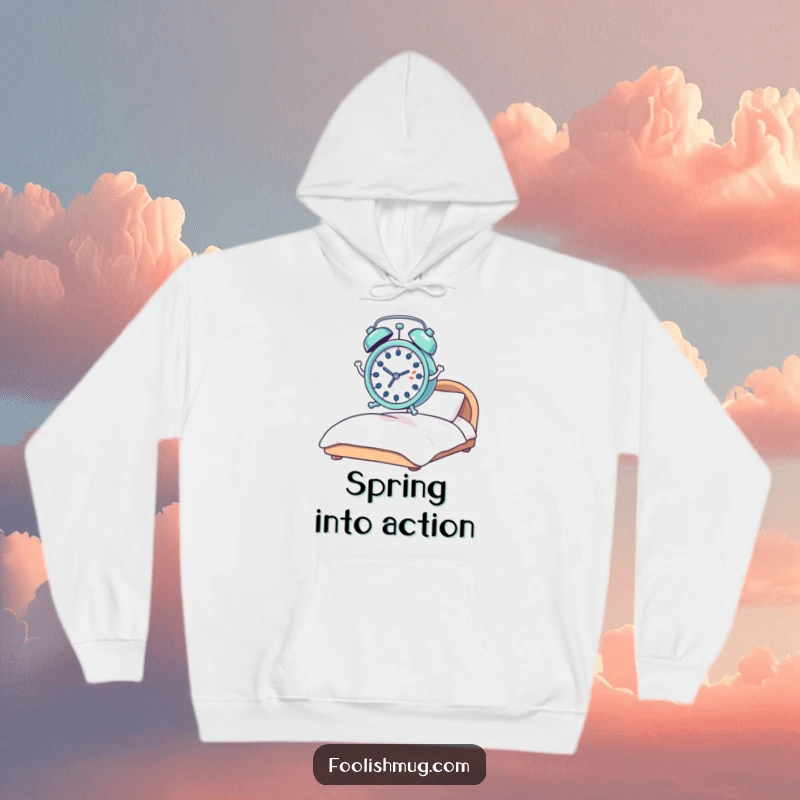Funny alarm clock hoodie, startled and tiny, comically leaping from a bed with springs, perfect for cozy, humorous mornings.