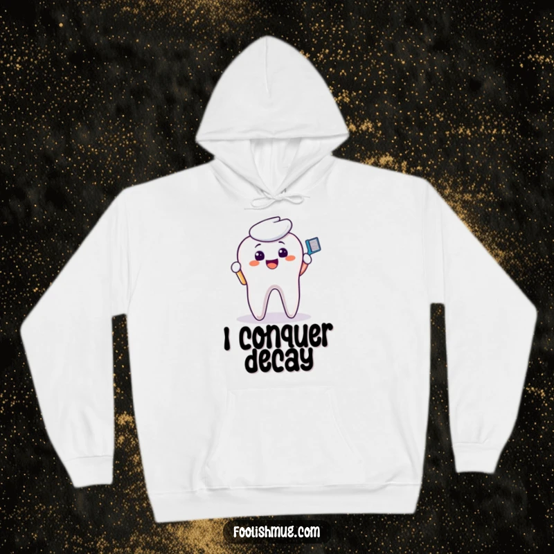 Funny Hoodie: A smiling toothbrush character enthusiastically cleans a discolored molar, radiating determined dental energy.
