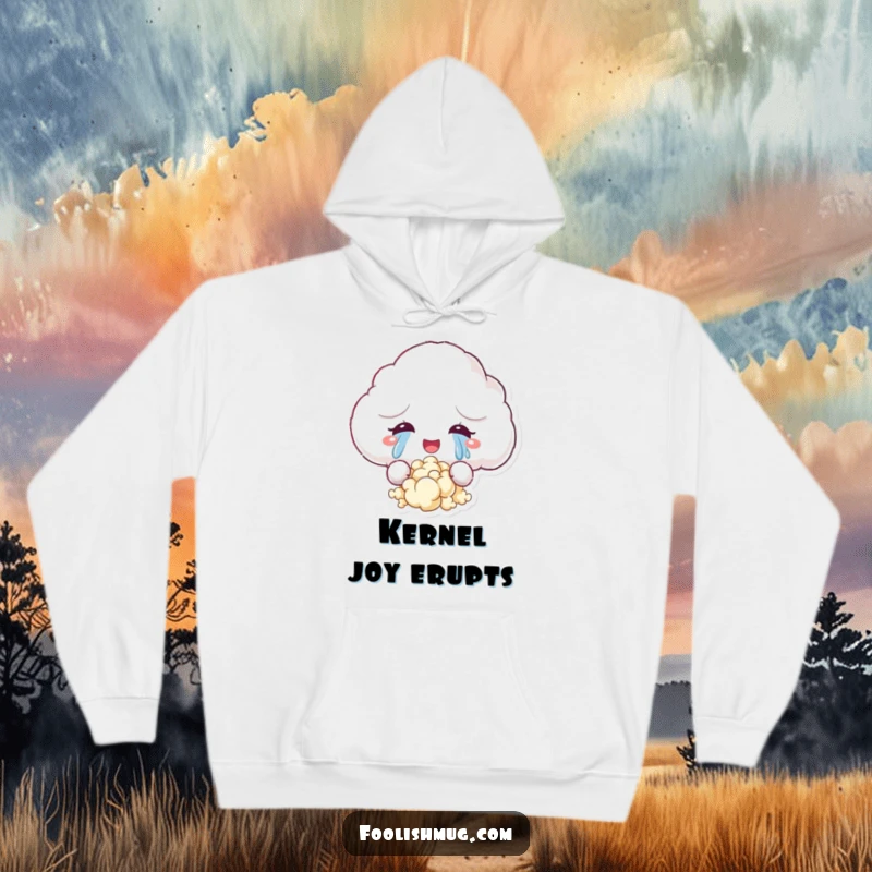 Funny hoodie featuring a fluffy cloud character crying tears of joy that transform into popcorn, offering humorous comfort for movie nights.