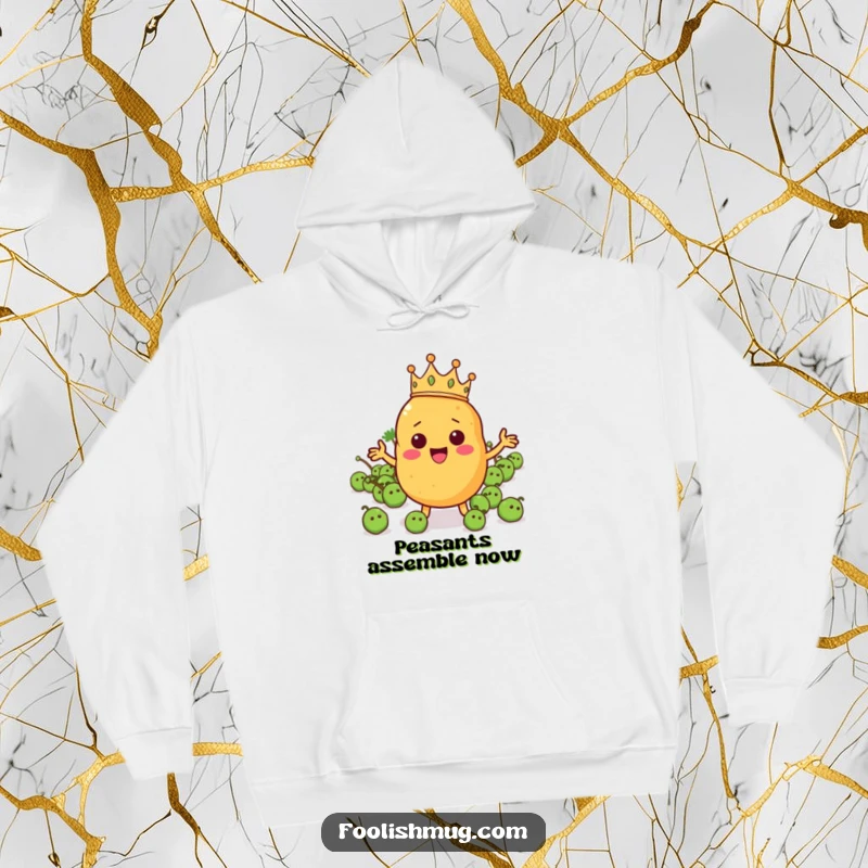 Funny potato character wearing a tiny crown and directing a pea army on a cozy hoodie, combining warmth with regal humor.