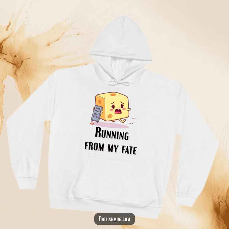 Funny startled cheese block character running from a tiny grater depicted on a cozy hoodie, combining warmth with food-related panic.