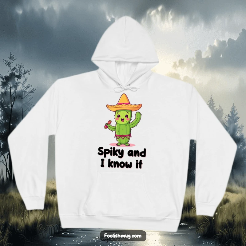 Funny dancing cactus wearing a sombrero and maracas, featured on a warm and cozy hoodie.