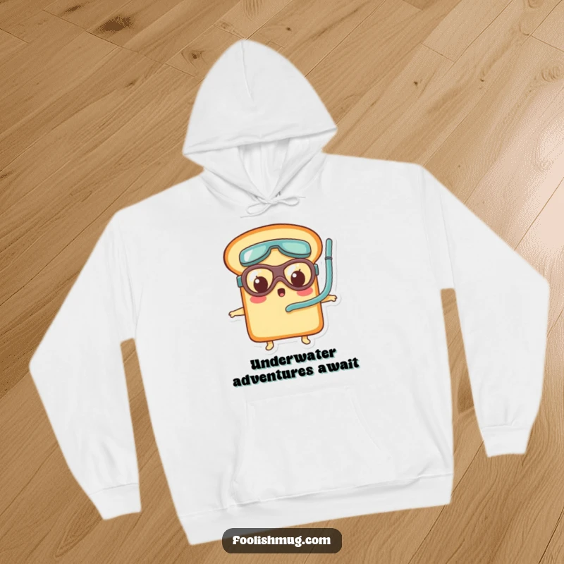 Funny bread loaf character wearing tiny goggles and snorkel, looking surprised inside a cozy hoodie, ready for an adventure.