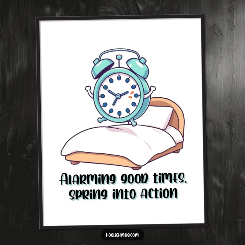 Funny Free Printable Wall Art: An alarm clock character comically leaping high out of a bed on cartoon springs.