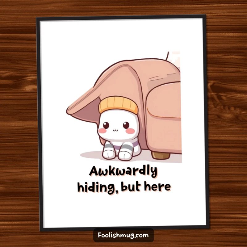 Funny Free Printable Wall Art featuring a shy sock character hiding under a couch, adding a touch of quiet, relatable humor to decor.