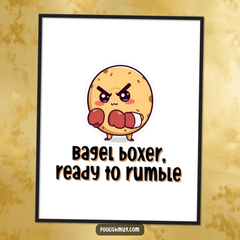 Funny Free Printable Wall Art: A determined bagel character wearing tiny boxing gloves, ready for action, provides humorous and motivational downloadable art.
