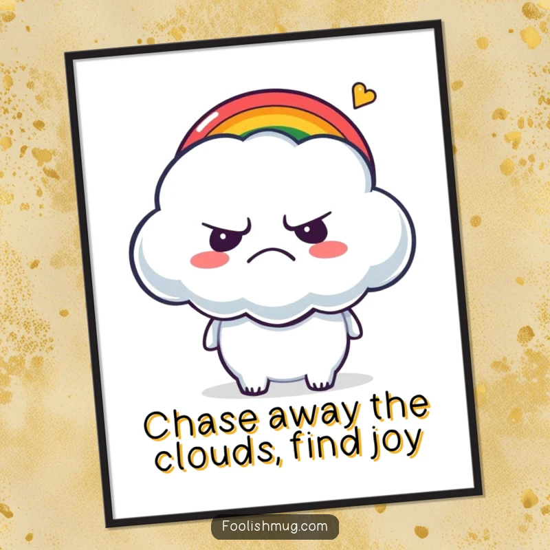 Funny Free Printable Wall Art: A grumpy cloud character shown being tickled by a small, vibrant rainbow.