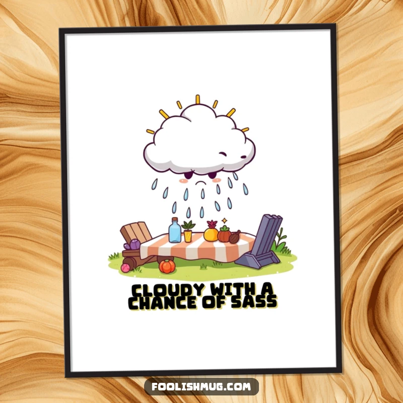 Funny Free Printable Wall Art: A grumpy cloud raining down on a sunny picnic setting, creating a comical contrast.