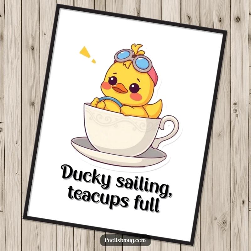 Funny Free Printable Wall Art: A confused rubber ducky pilots a teacup like a boat, creating a whimsical and humorous downloadable piece.