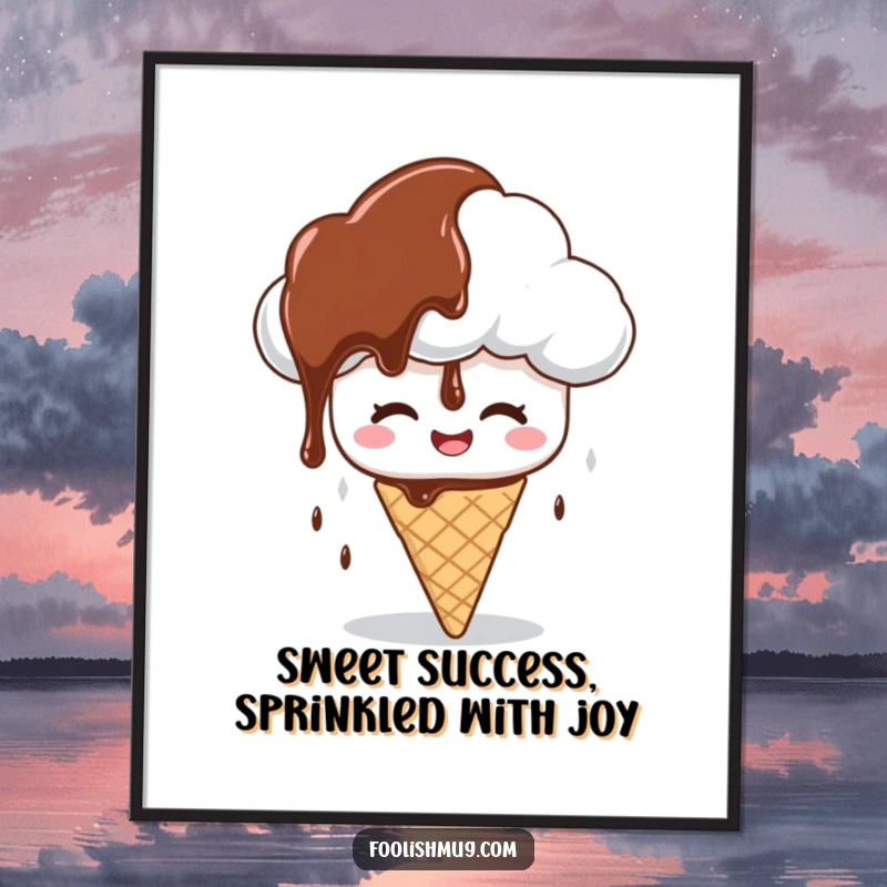 Funny free printable wall art of a giggling cloud character raining chocolate syrup on a confused ice cream cone.