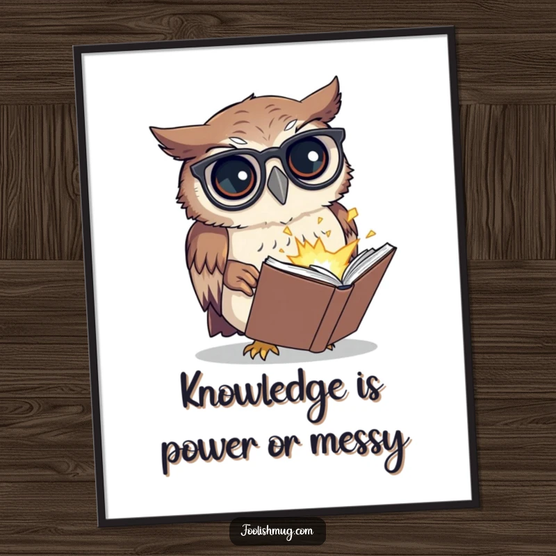 Funny free printable wall art featuring a bewildered owl wearing spectacles, trying to read a tiny exploding book.