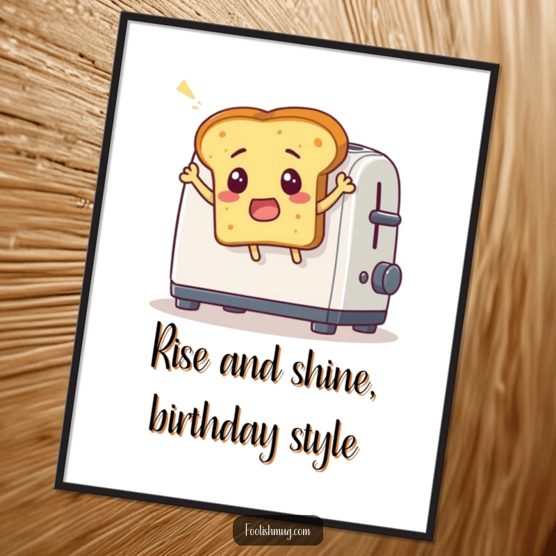 Funny free printable wall art of a surprised bread slice doing a comical leap out of a toaster.