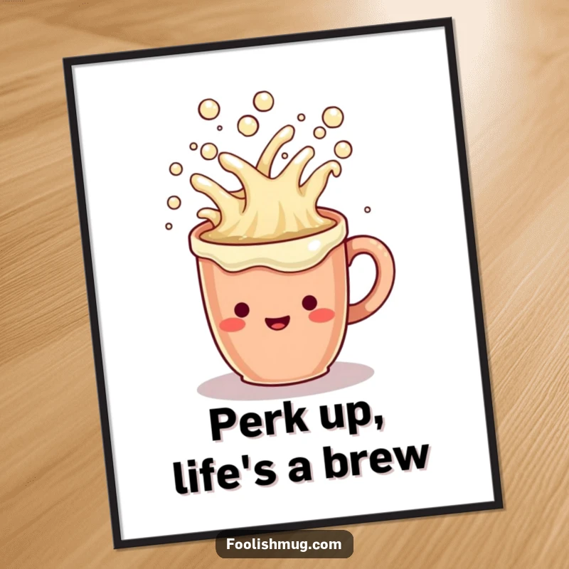 Funny Free Printable Wall Art: A cheerful coffee mug character overflowing with bubbly, delightful liquid.