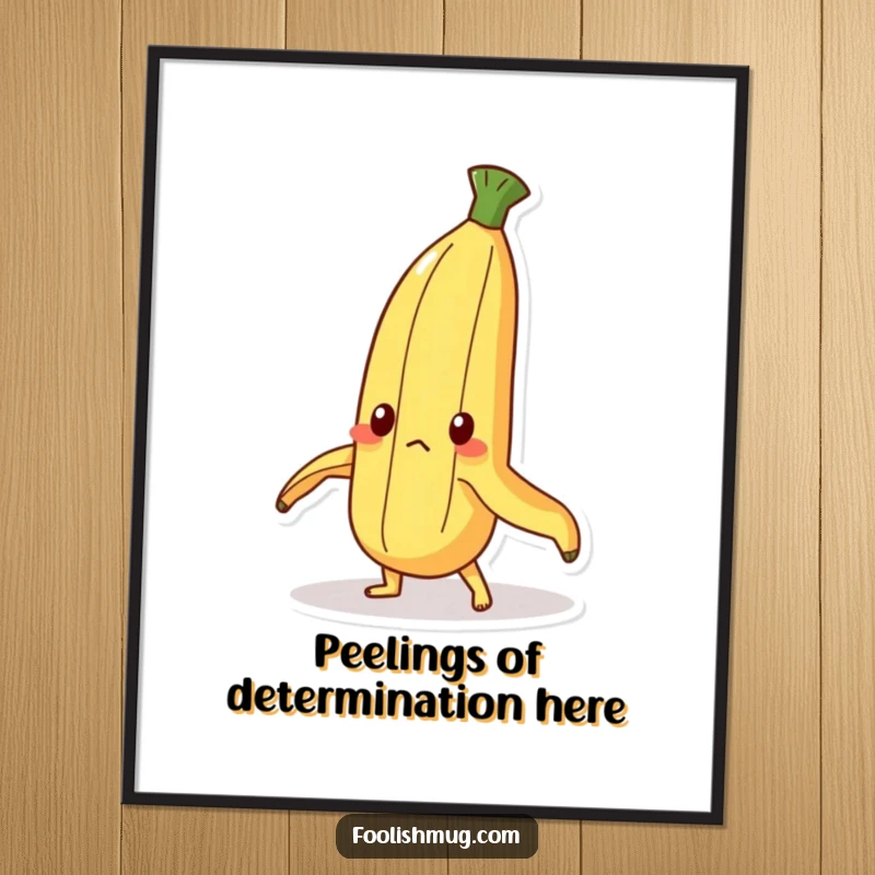 Funny Free Printable Wall Art: A determined banana peel character with a focused expression, making a heroic effort to stand upright.