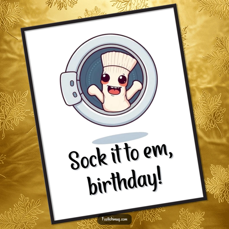 Funny Free Printable Wall Art: A mischievous sock character making a daring attempt to escape a washing machine, creating a comical scene.