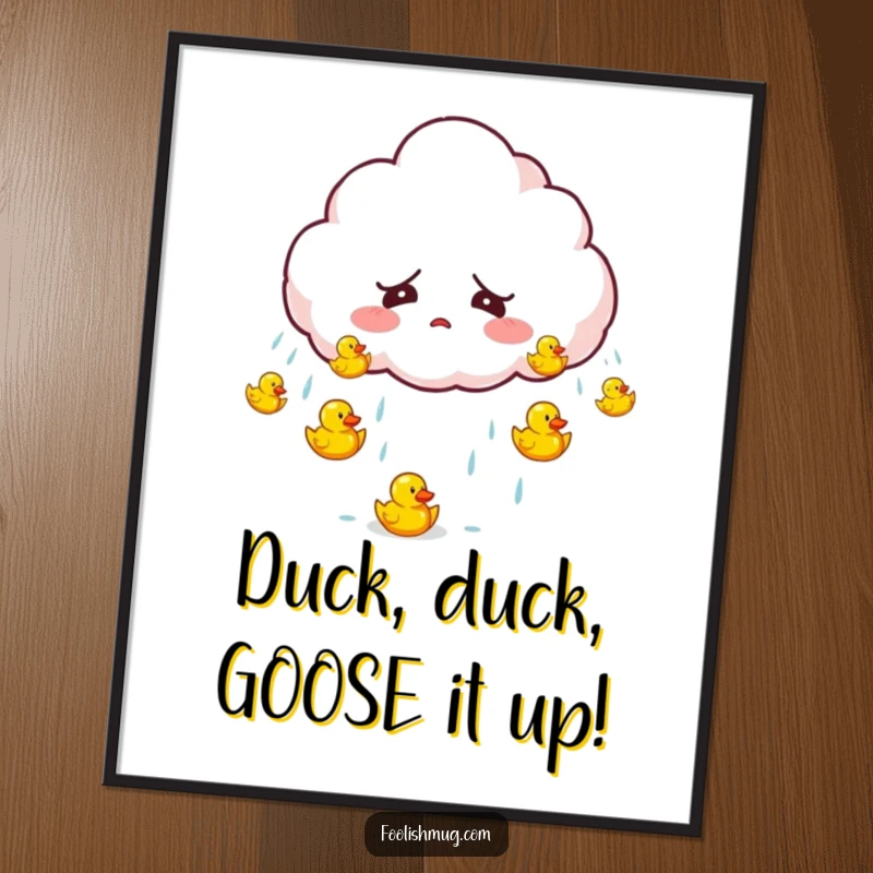 Funny Free Printable Wall Art: Startled fluffy cloud character accidentally raining tiny bouncing rubber ducks, humorous and cute.