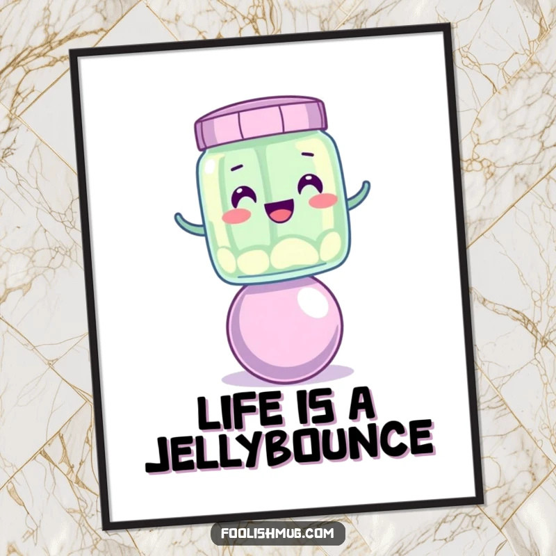 Funny Free Printable Wall Art: A wobbly jelly jar character attempting to balance on a bouncing ball.
