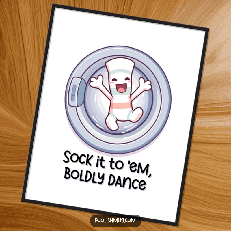 Funny free printable wall art showing a mischievous sock character dancing wildly out of a churning washing machine.
