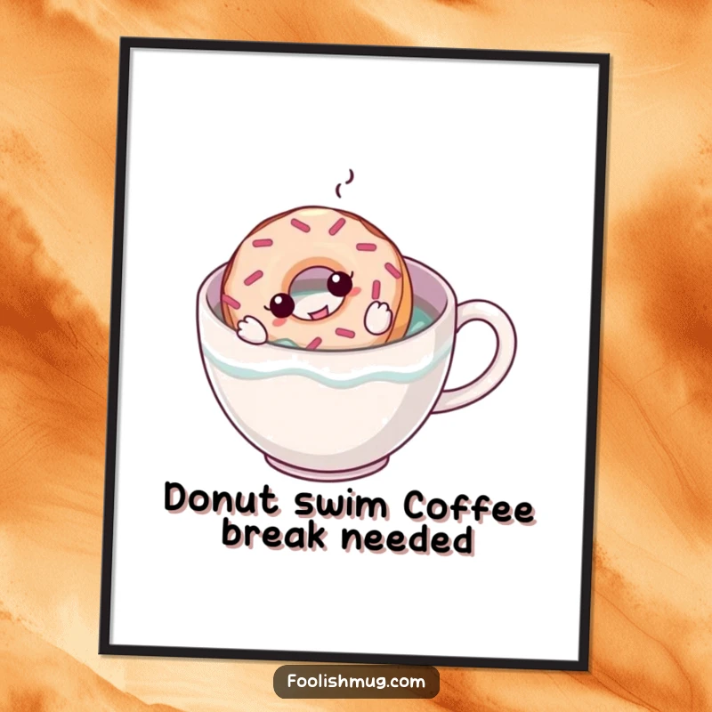 Funny Free Printable Wall Art: A determined donut character swimming strokes in a giant coffee mug, bringing morning cheer.