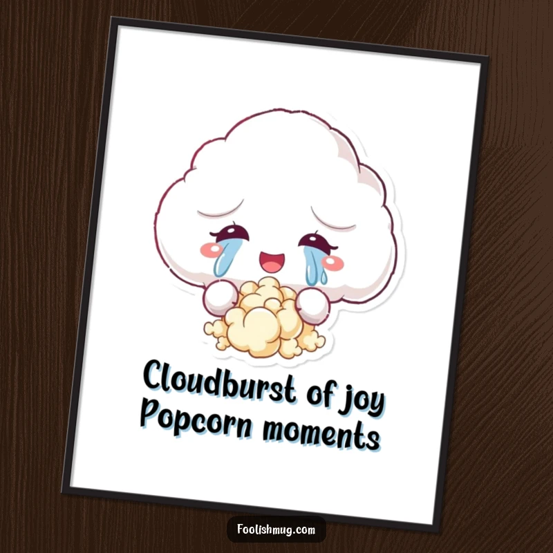 Funny Free Printable Wall Art: A fluffy, happy cloud character crying tears that transform into freshly popped popcorn in a delightful display.