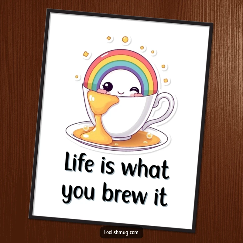 Funny Free Printable Wall Art: A teacup character joyfully overflowing with a vibrant rainbow instead of tea, whimsical and colorful DIY decor.