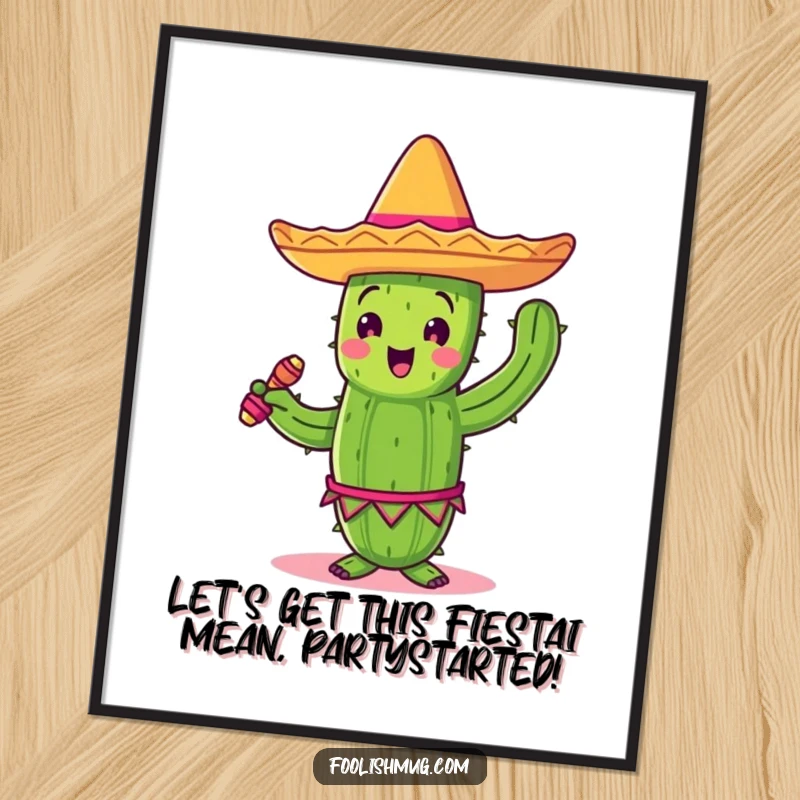 Fiesta Free Printable Wall Art: A cactus wearing a sombrero and shaking maracas, caught mid-dance in a vibrant, joyful pose.