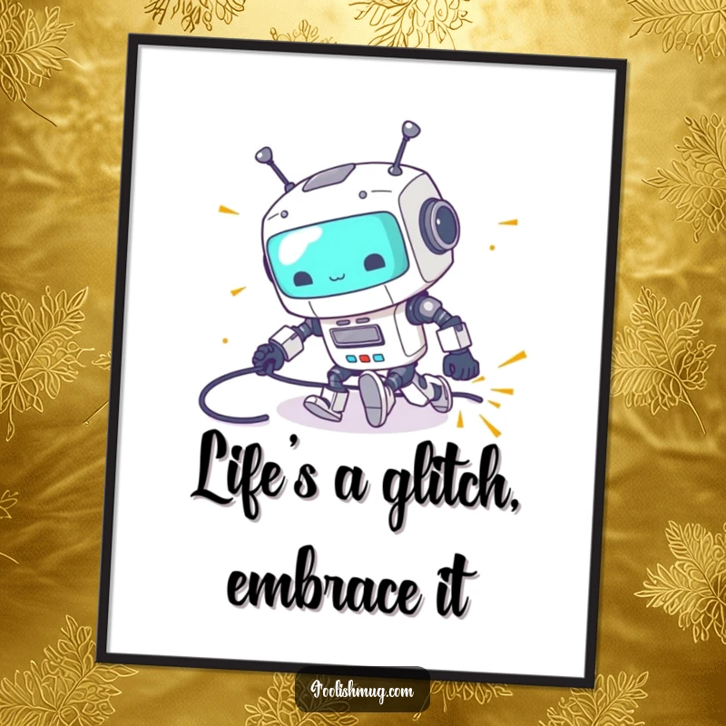 Funny free printable wall art of a clumsy robot tripping over its power cord, with cartoonish sparks flying.