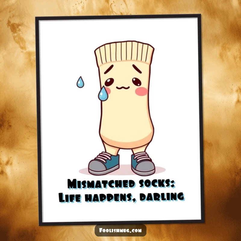 Funny Free Printable Nervous Sock Wall Art: A nervous sock character sporting mismatched shoes and a sweatdrop, adding quirky charm to your decor.