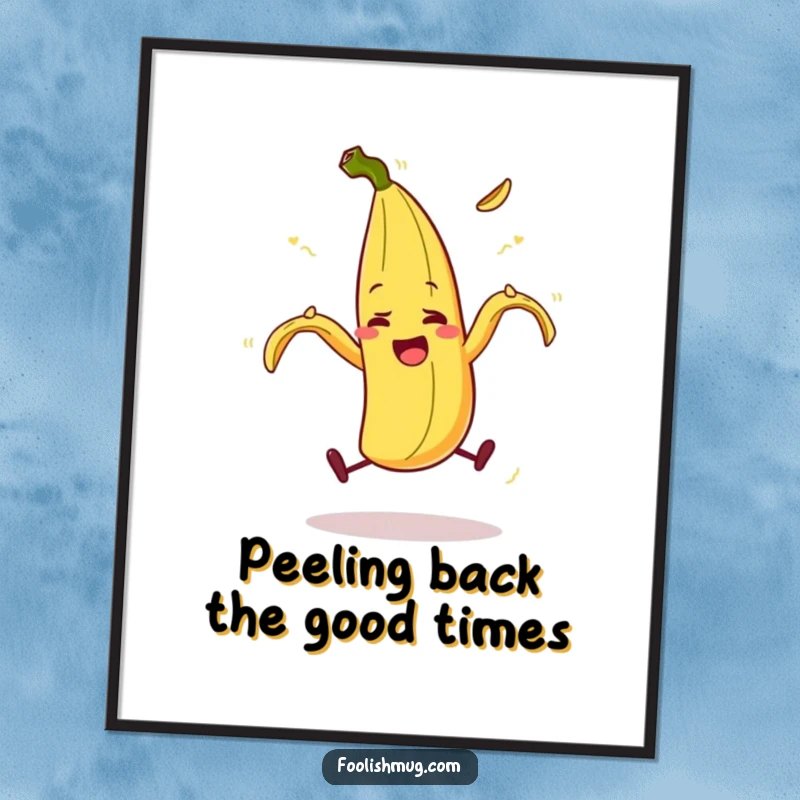 Funny Free Printable Wall Art: A banana peel character comically slipping on itself while juggling.