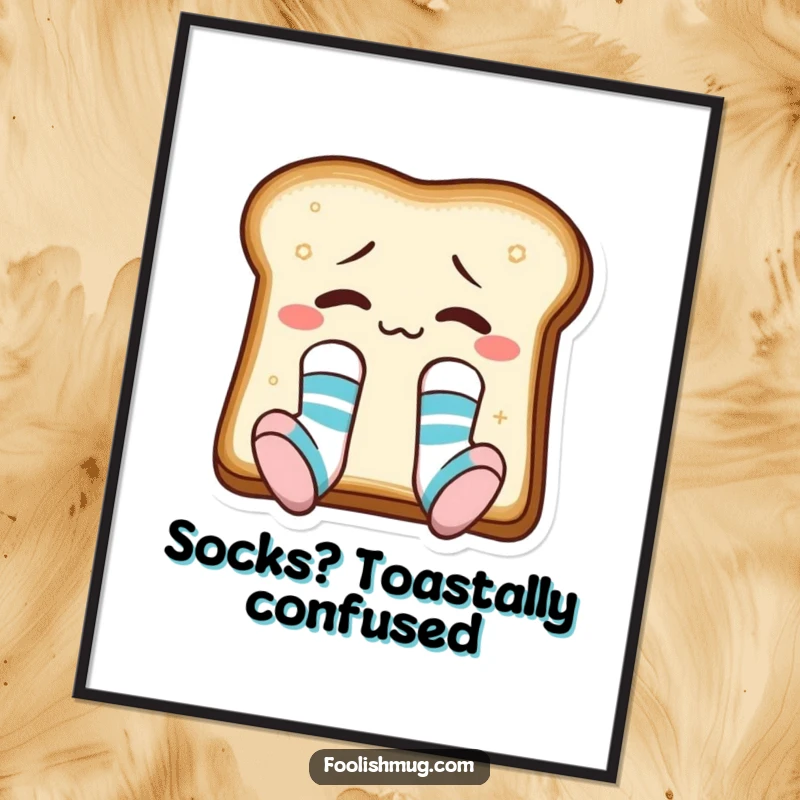 Funny Free Printable Wall Art: A confused toast slice wearing mismatched socks, bringing quirky charm and humor to your decor.