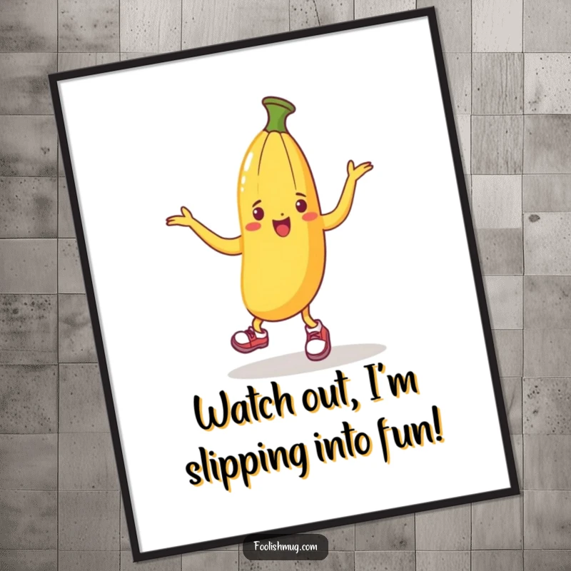 Funny Free Printable Wall Art: A banana peel wearing tiny shoes, captured mid-dance with comedic flair.
