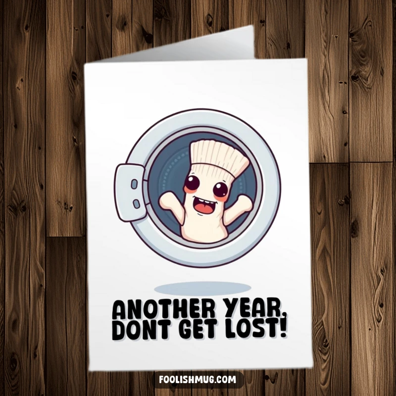 Funny Free Printable Birthday Card: A mischievous sock character making a daring escape from an open washing machine, ready for adventure.