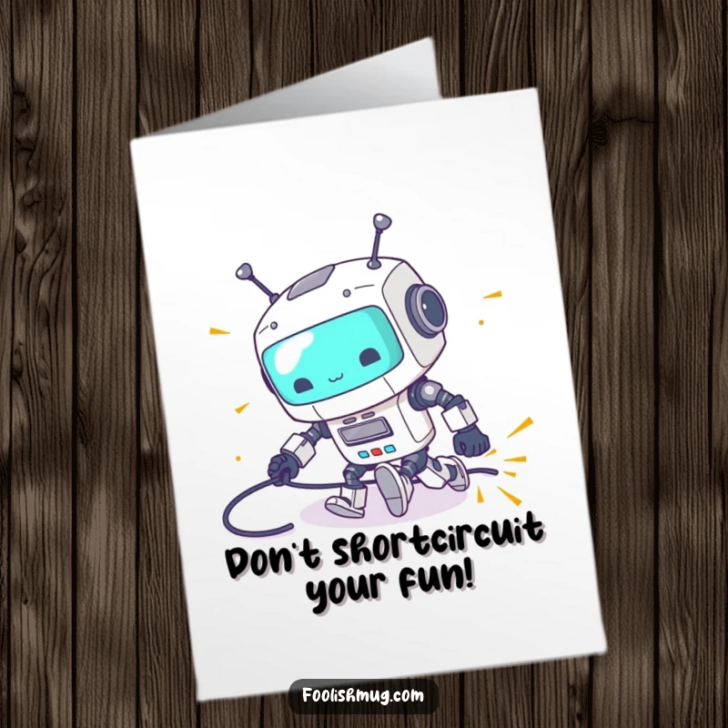 Funny free printable birthday card: a clumsy robot tripping over its power cord, with sparks flying everywhere.