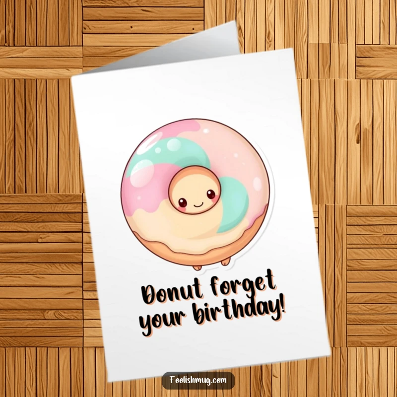 Sweet Free Printable Birthday Card: A shy donut peeking from behind a giant lollipop, ready to wish you a happy day.