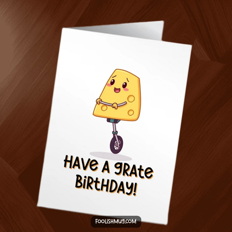 Funny Free Printable Birthday Card: A slice of cheese precariously balancing on a unicycle with great effort.
