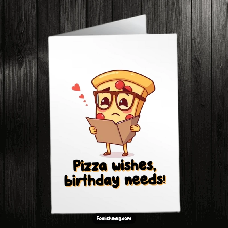 Funny Free Printable Birthday Card: A confused pizza slice wearing spectacles, squinting at a giant menu, unsure of what to order tonight.